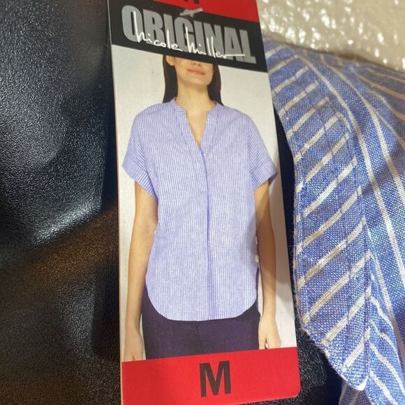 Original Nicole Miller blue/white striped linen blend top medium new - Picture 4 of 6